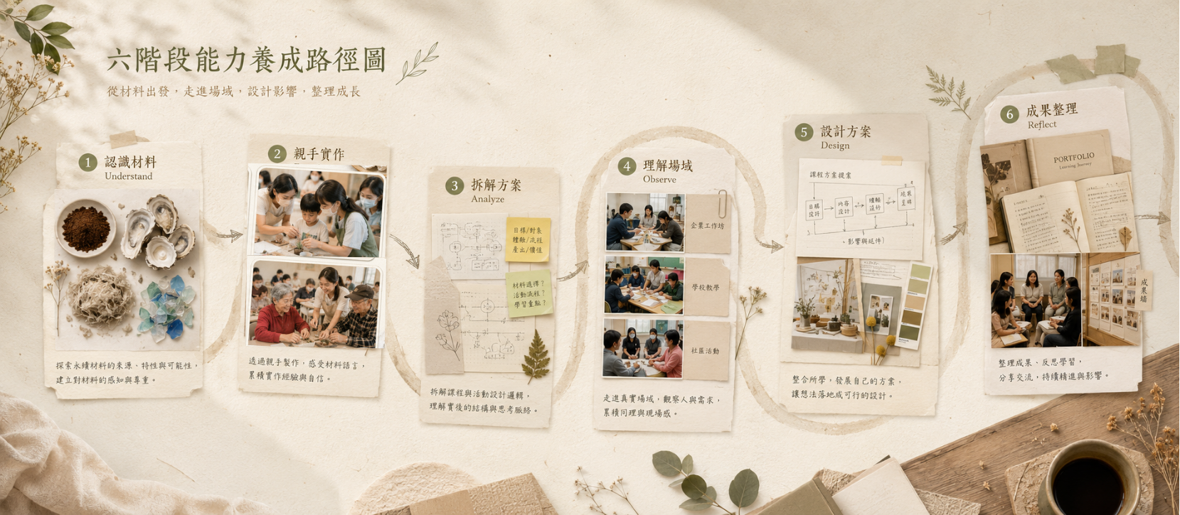 Wishlite Academy 認識材料、親手實作、拆解方案、理解場域、設計方案與成果整理六階段能力養成路徑
