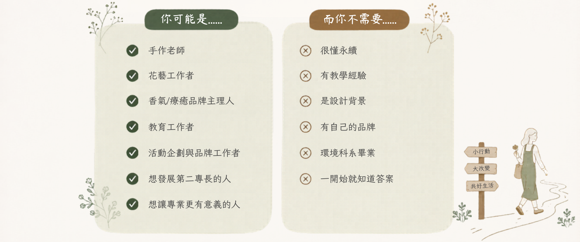 你可能是:手作老師、花藝工作者、香氣/療癒品牌主理人、教育工作者、活動企劃與品牌工作者、想發展第二專長的人、想讓專業更有意義的人。而你不需要:很懂永續、有教學經驗、是設計背景、有自己的品牌、環境科系畢業、一開始就知道答案。
