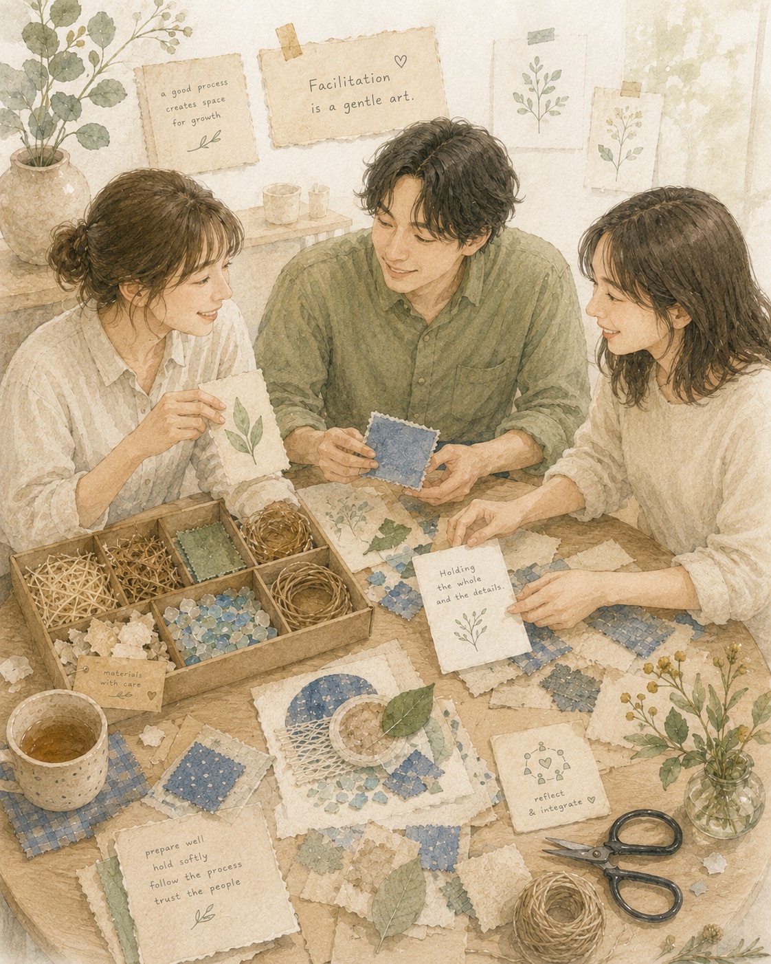 三人圍著小型共創桌：手中拿著材料卡互相交流，桌上散落布料、植物與工具，柔和的陪伴與一起做東西的氛圍