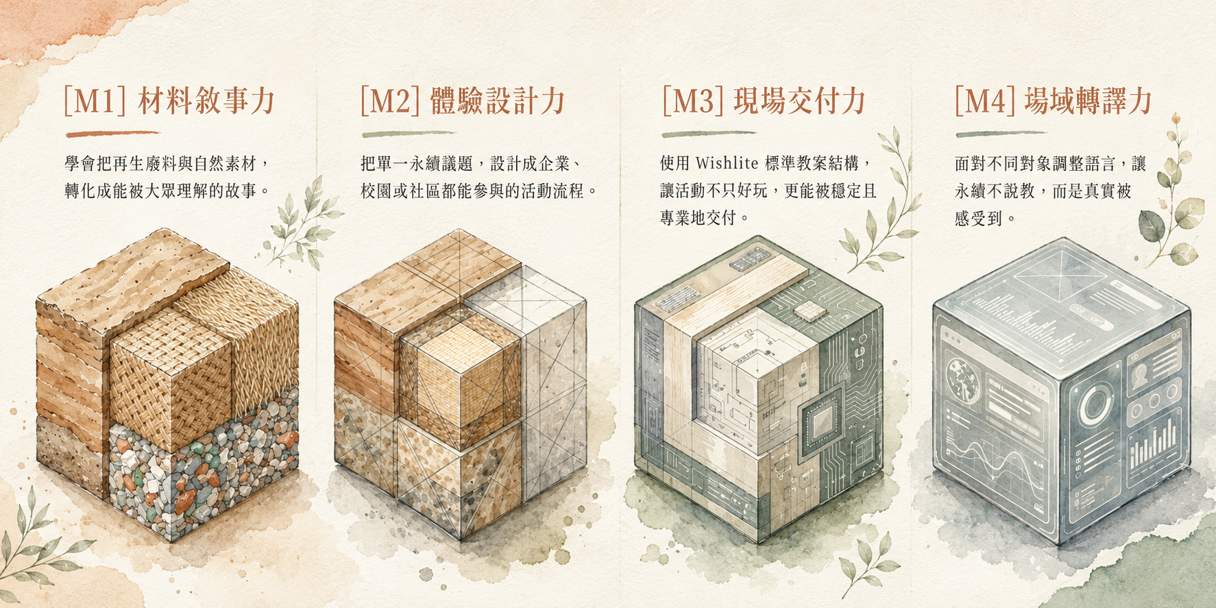 永續行動設計四座核心基石：M1 材料敘事力 / M2 體驗設計力 / M3 現場交付力 / M4 場域轉譯力