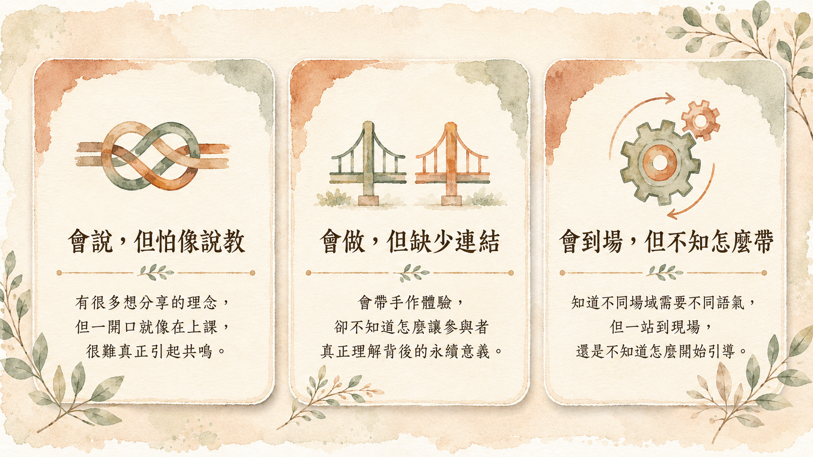 三大痛點：會說但怕像說教 / 會做但缺少連結 / 會到場但不知怎麼帶